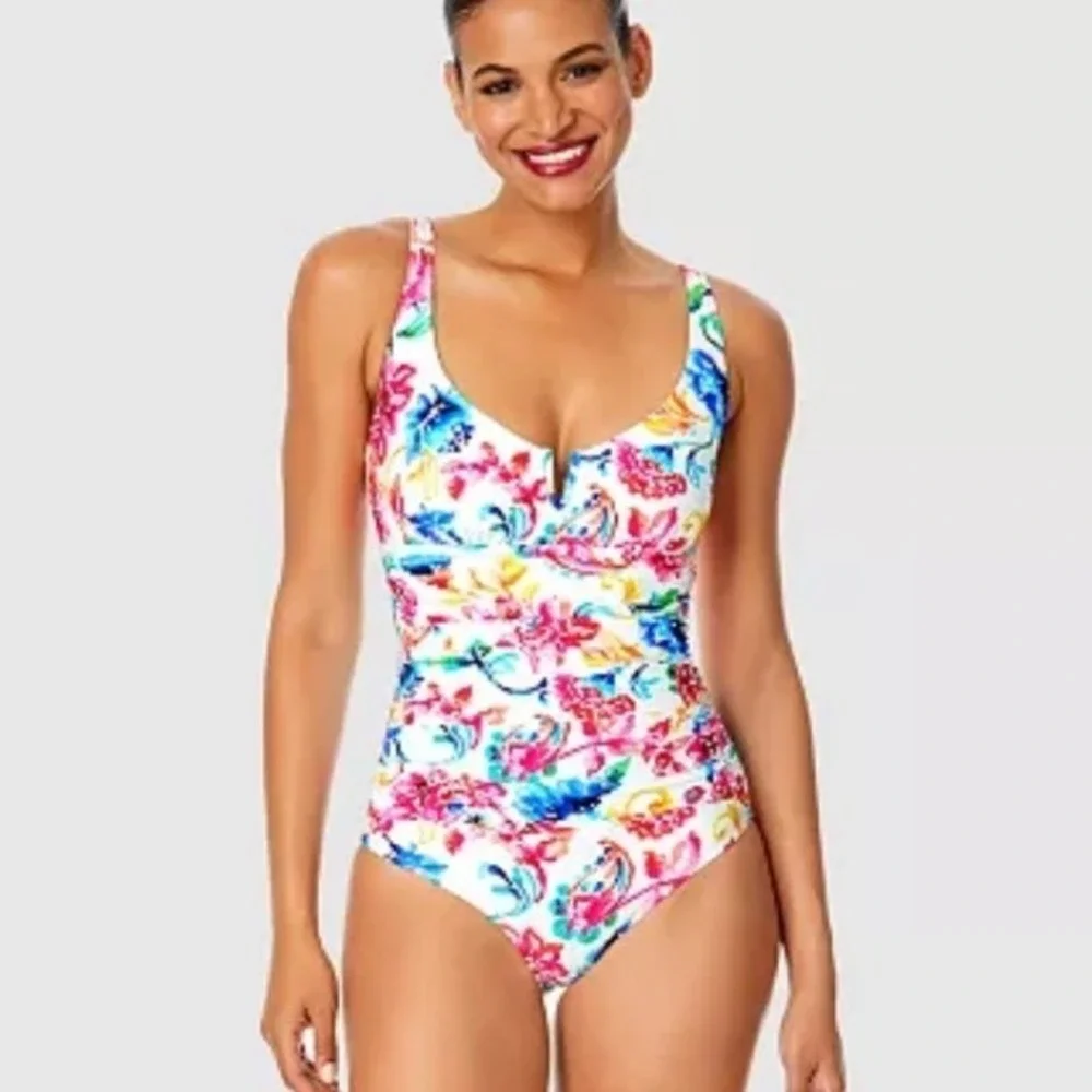 Anne Cole One Piece Swimsuit Womens Large White Watercolor Paisley V-Front